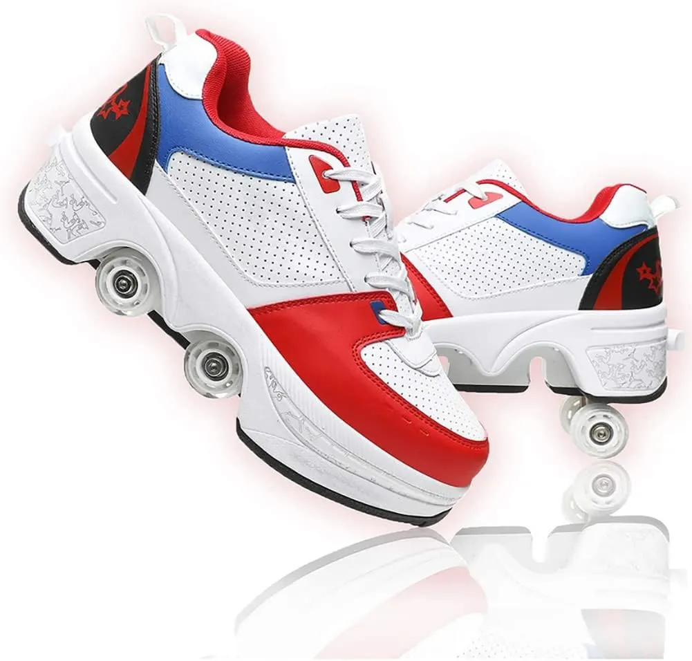 Multifunctional Roller Skates Shoes Automatic Walking Shoes Invisible Pulley Shoes Skates with Double-Row Deform Wheel Outdoor Parkour Shoes for Girls Boys