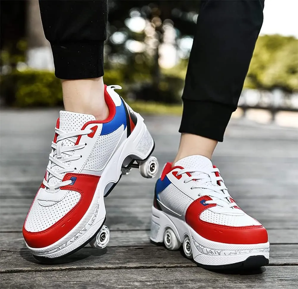 Multifunctional Roller Skates Shoes Automatic Walking Shoes Invisible Pulley Shoes Skates with Double-Row Deform Wheel Outdoor Parkour Shoes for Girls Boys