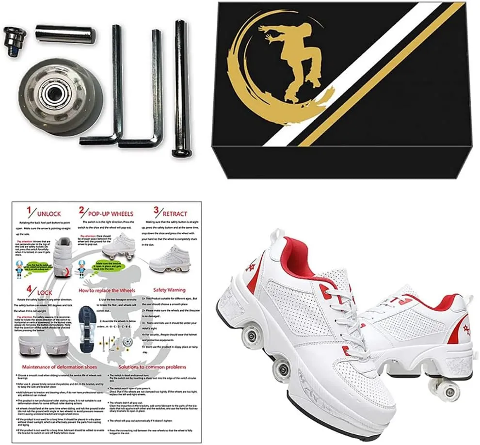 Multifunctional Roller Skates Shoes Automatic Walking Shoes Invisible Pulley Shoes Skates with Double-Row Deform Wheel Outdoor Parkour Shoes for Girls Boys