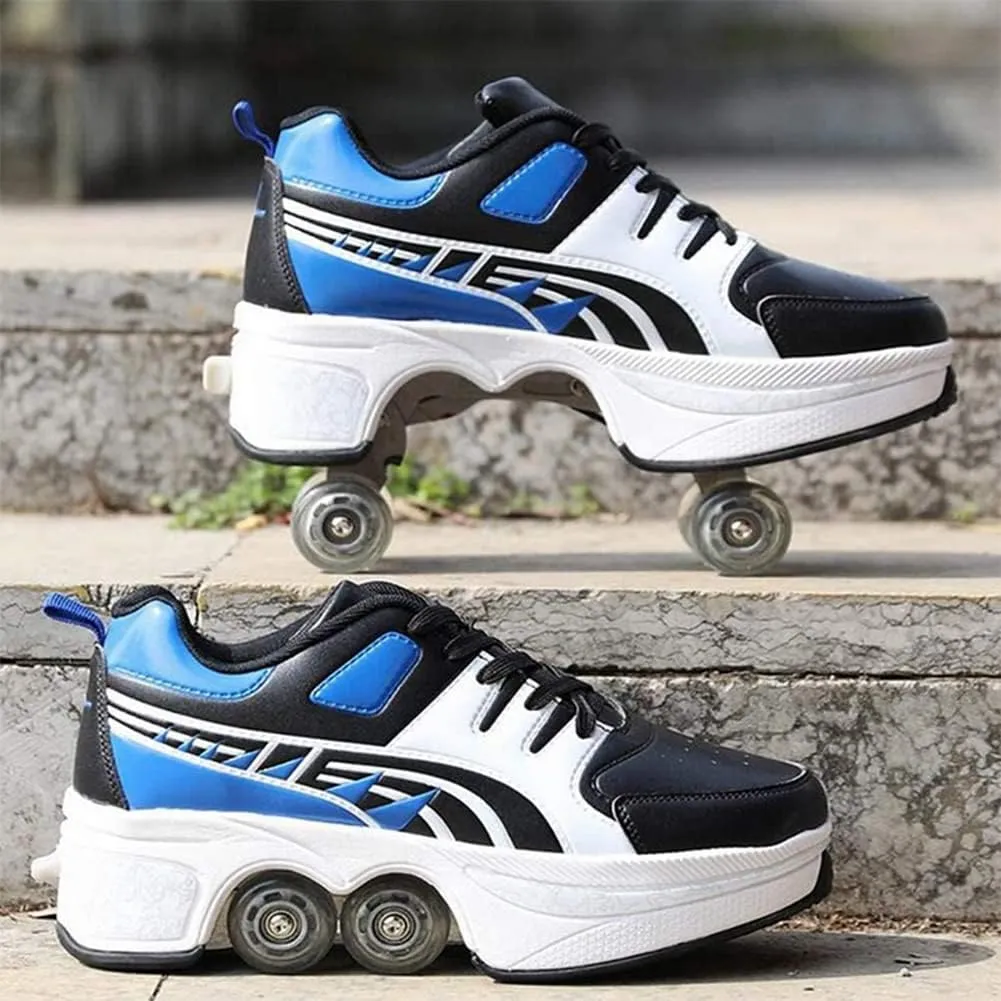 Multifunctional Roller Skates Shoes Automatic Walking Shoes Invisible Pulley Shoes Skates with Double-Row Deform Wheel Outdoor Parkour Shoes for Girls Boys