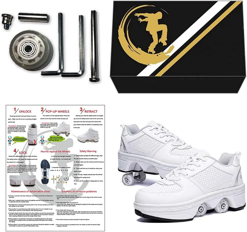 Multifunctional Roller Skates Shoes Automatic Walking Shoes Invisible Pulley Shoes Skates with Double-Row Deform Wheel Outdoor Parkour Shoes for Girls Boys