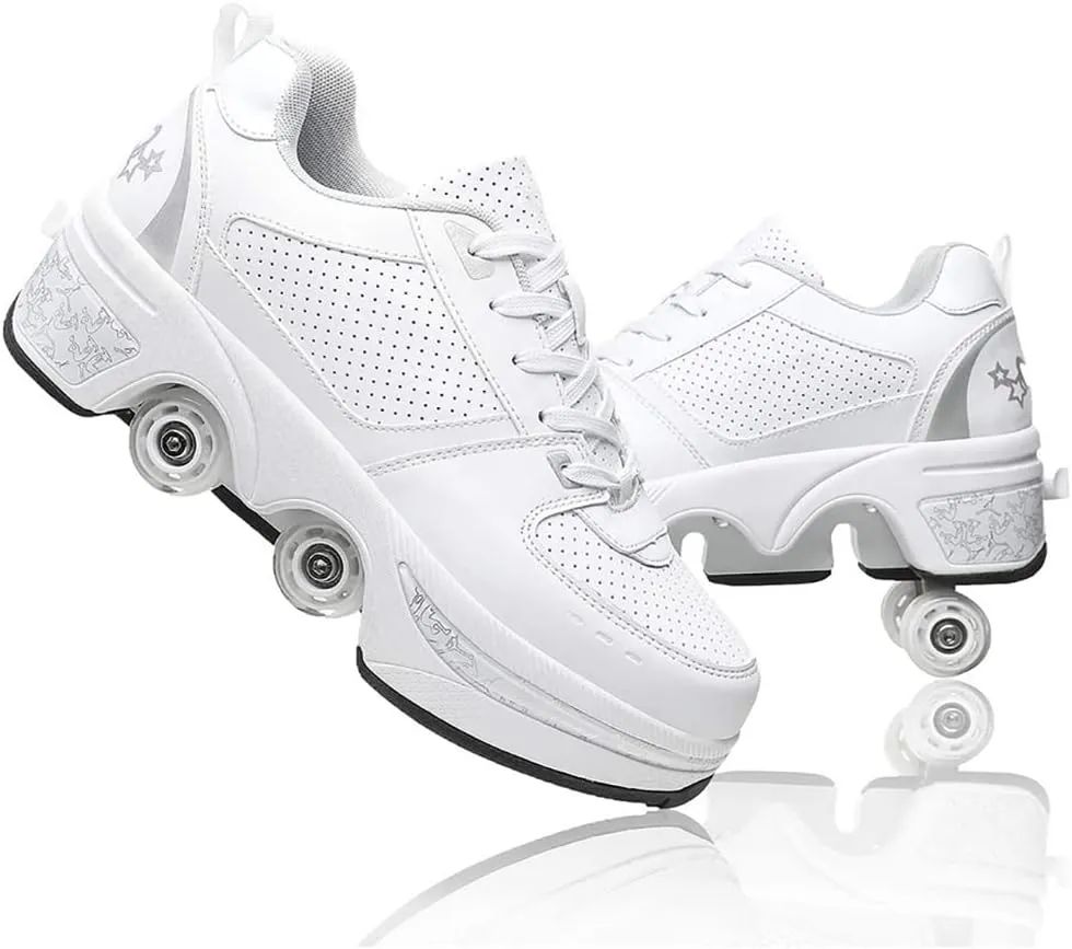 Multifunctional Roller Skates Shoes Automatic Walking Shoes Invisible Pulley Shoes Skates with Double-Row Deform Wheel Outdoor Parkour Shoes for Girls Boys