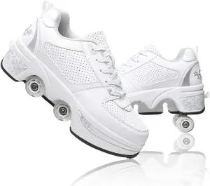 Multifunctional Roller Skates Shoes Automatic Walking Shoes Invisible Pulley Shoes Skates with Double-Row Deform Wheel Outdoor Parkour Shoes for Girls Boys