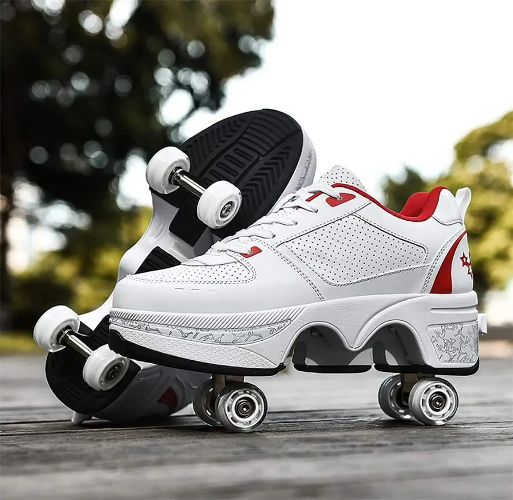 Multifunctional Roller Skates Shoes Automatic Walking Shoes Invisible Pulley Shoes Skates with Double-Row Deform Wheel Outdoor Parkour Shoes for Girls Boys