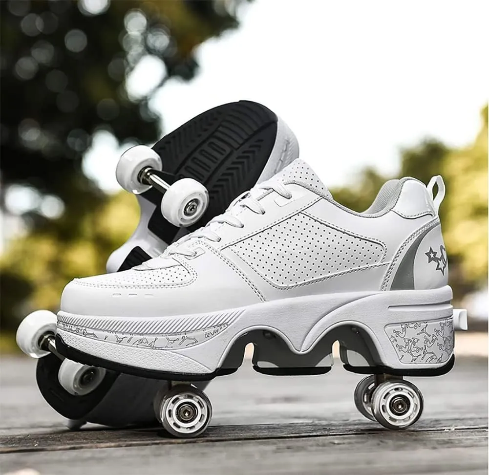 Multifunctional Roller Skates Shoes Automatic Walking Shoes Invisible Pulley Shoes Skates with Double-Row Deform Wheel Outdoor Parkour Shoes for Girls Boys