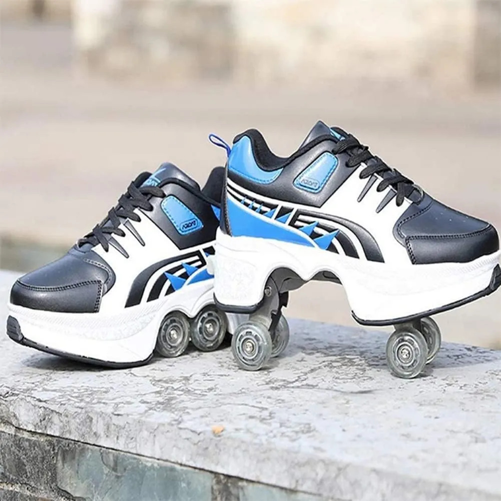 Multifunctional Roller Skates Shoes Automatic Walking Shoes Invisible Pulley Shoes Skates with Double-Row Deform Wheel Outdoor Parkour Shoes for Girls Boys