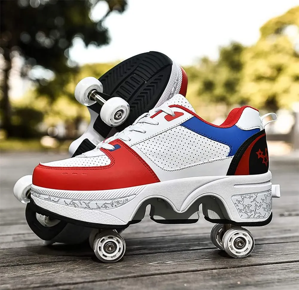 Multifunctional Roller Skates Shoes Automatic Walking Shoes Invisible Pulley Shoes Skates with Double-Row Deform Wheel Outdoor Parkour Shoes for Girls Boys