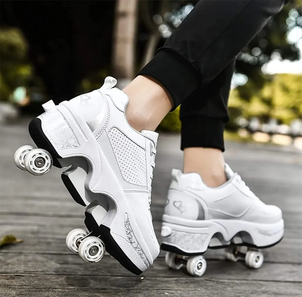 Multifunctional Roller Skates Shoes Automatic Walking Shoes Invisible Pulley Shoes Skates with Double-Row Deform Wheel Outdoor Parkour Shoes for Girls Boys