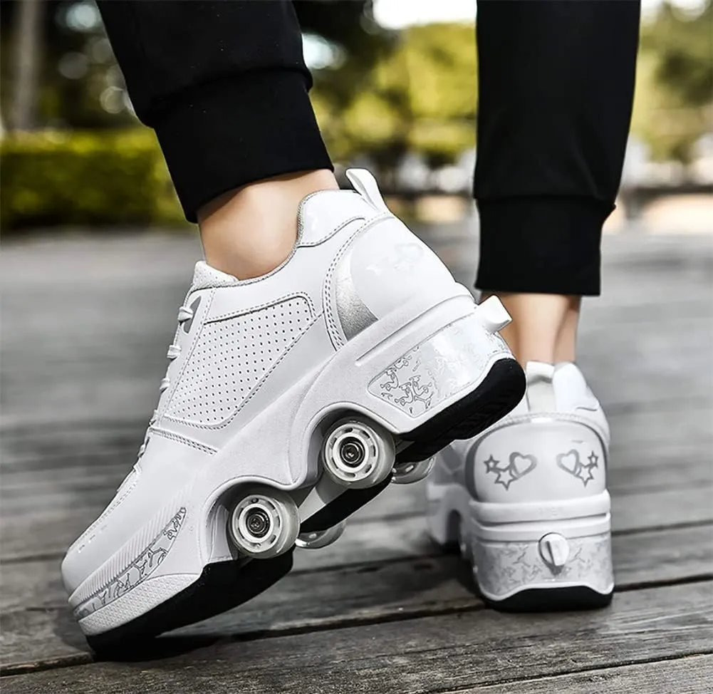 Multifunctional Roller Skates Shoes Automatic Walking Shoes Invisible Pulley Shoes Skates with Double-Row Deform Wheel Outdoor Parkour Shoes for Girls Boys