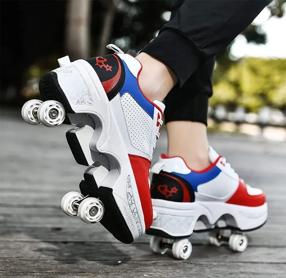 Multifunctional Roller Skates Shoes Automatic Walking Shoes Invisible Pulley Shoes Skates with Double-Row Deform Wheel Outdoor Parkour Shoes for Girls Boys