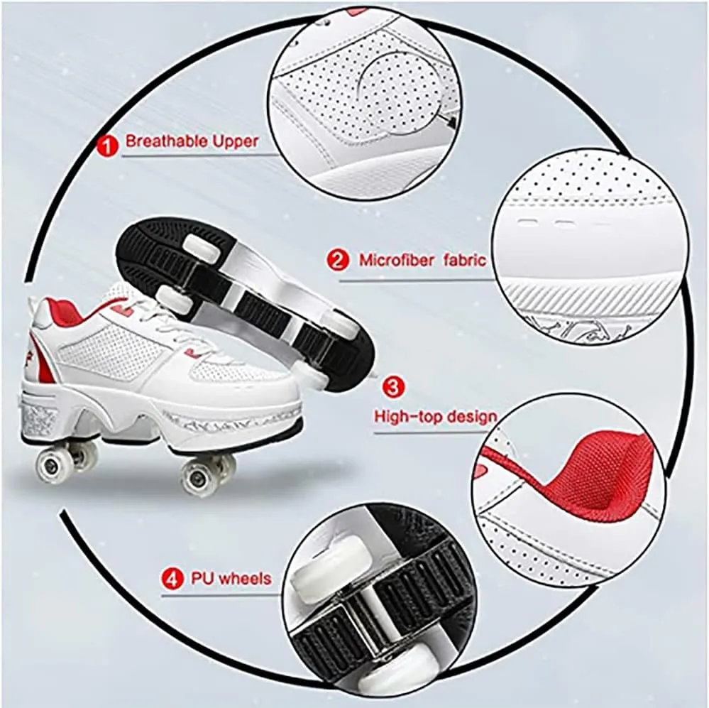 Multifunctional Roller Skates Shoes Automatic Walking Shoes Invisible Pulley Shoes Skates with Double-Row Deform Wheel Outdoor Parkour Shoes for Girls Boys