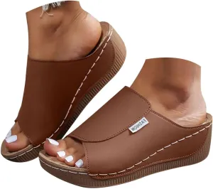 Orthopedic Sandals for Women 2025 Arch Support Slides with Wedge Heel Breathable Solid Color Orthotic Platform Summer Sandals for All-Day Walking Comfort Casual Slip-On Shoes