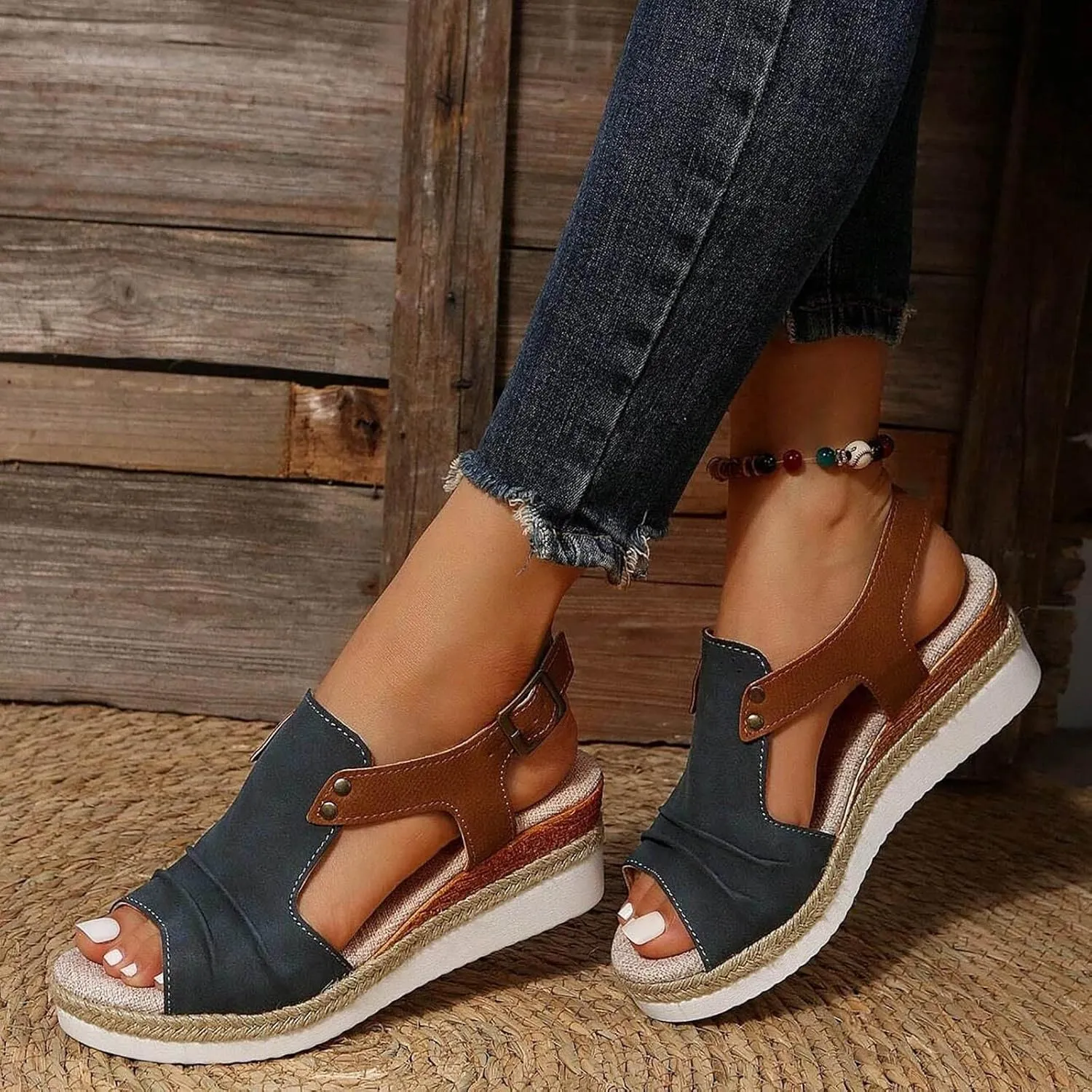 Orthopedic Wedge Sandals for Women Summer Dressy 2025 Platform Flat Open Toe Ankle Strap Espadrilles Sandal Casual Strappy Slip on Beach Boho Sandals Comfortable Outdoor Shoes