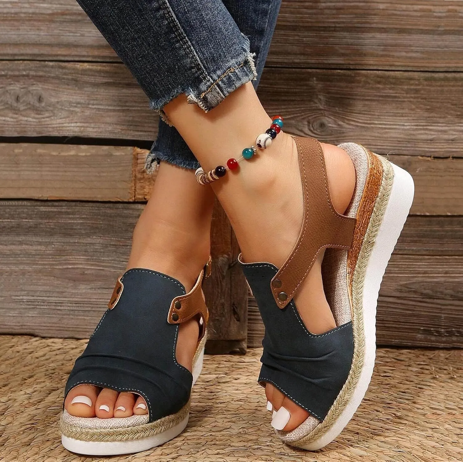 Orthopedic Wedge Sandals for Women Summer Dressy 2025 Platform Flat Open Toe Ankle Strap Espadrilles Sandal Casual Strappy Slip on Beach Boho Sandals Comfortable Outdoor Shoes
