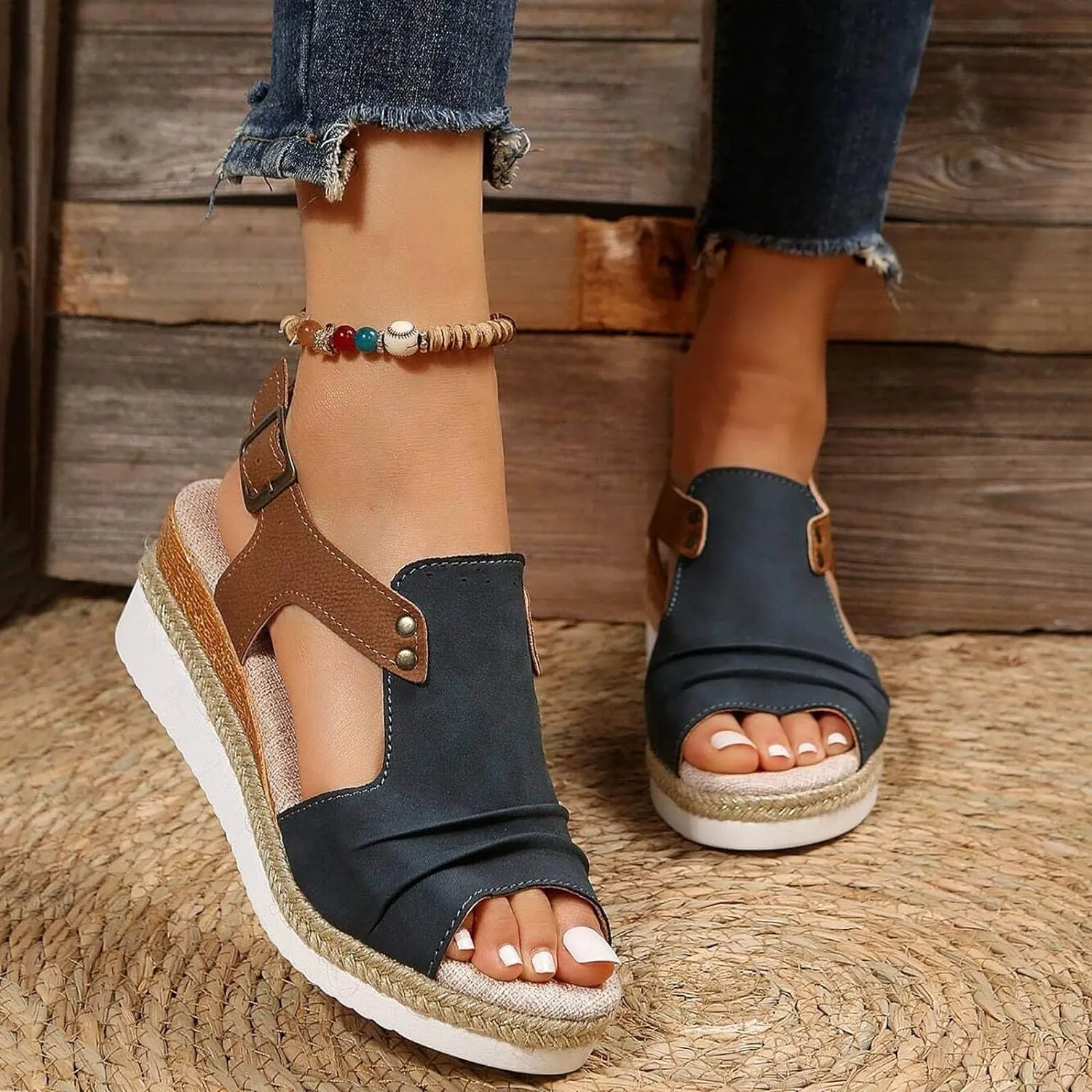 Orthopedic Wedge Sandals for Women Summer Dressy 2025 Platform Flat Open Toe Ankle Strap Espadrilles Sandal Casual Strappy Slip on Beach Boho Sandals Comfortable Outdoor Shoes