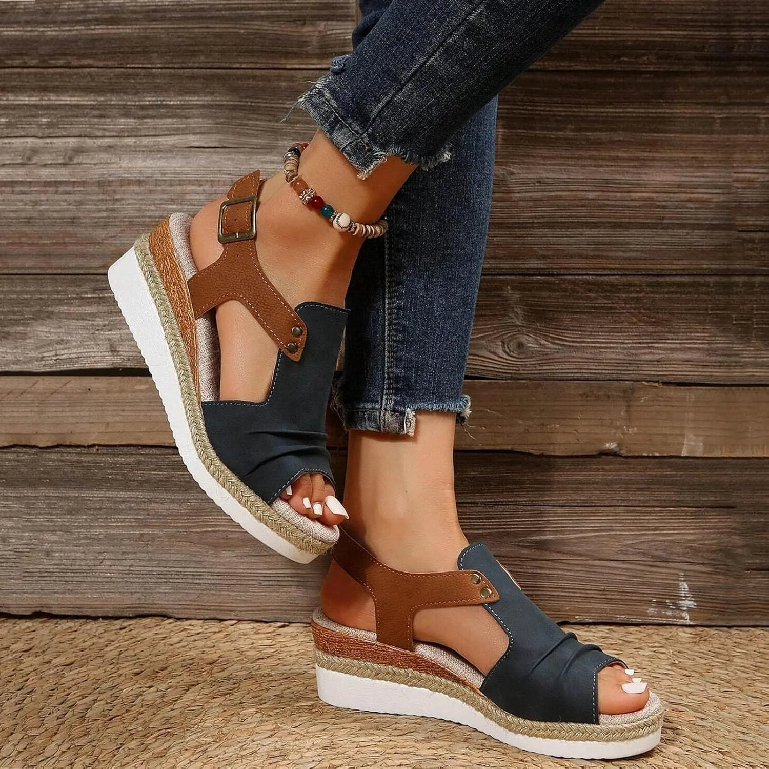 Orthopedic Wedge Sandals for Women Summer Dressy 2025 Platform Flat Open Toe Ankle Strap Espadrilles Sandal Casual Strappy Slip on Beach Boho Sandals Comfortable Outdoor Shoes