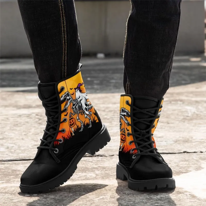 Skull Gothic Combat Boots Punk Rock Winter Shoes Waterproof Lace-Up Ankle Booties Chunky Platform Leather Work Boots for Men & Women