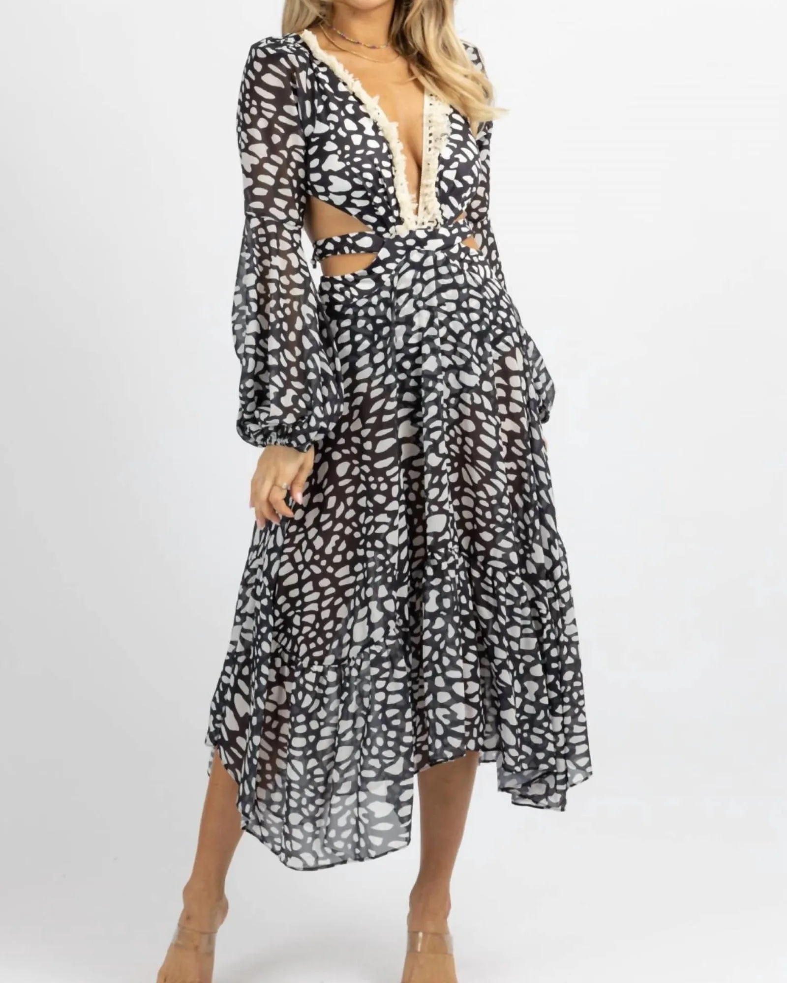 Spotted Fringe Maxi Dress In Black/Ivory | Black/Ivory