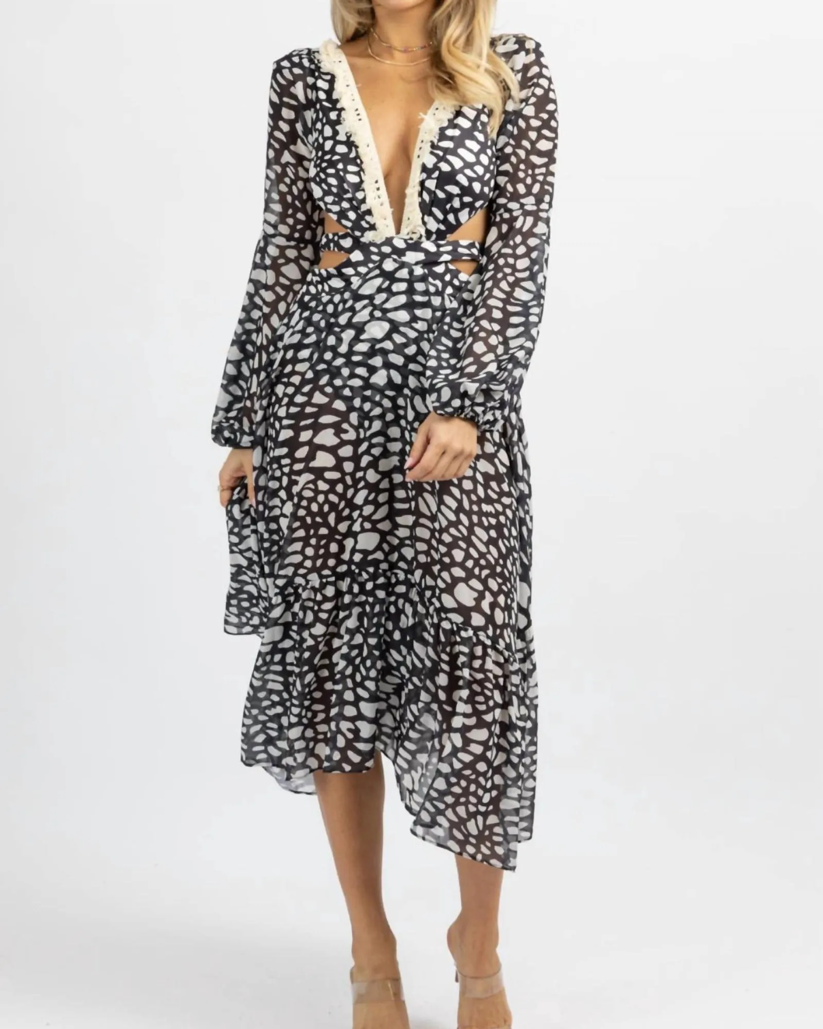 Spotted Fringe Maxi Dress In Black/Ivory | Black/Ivory