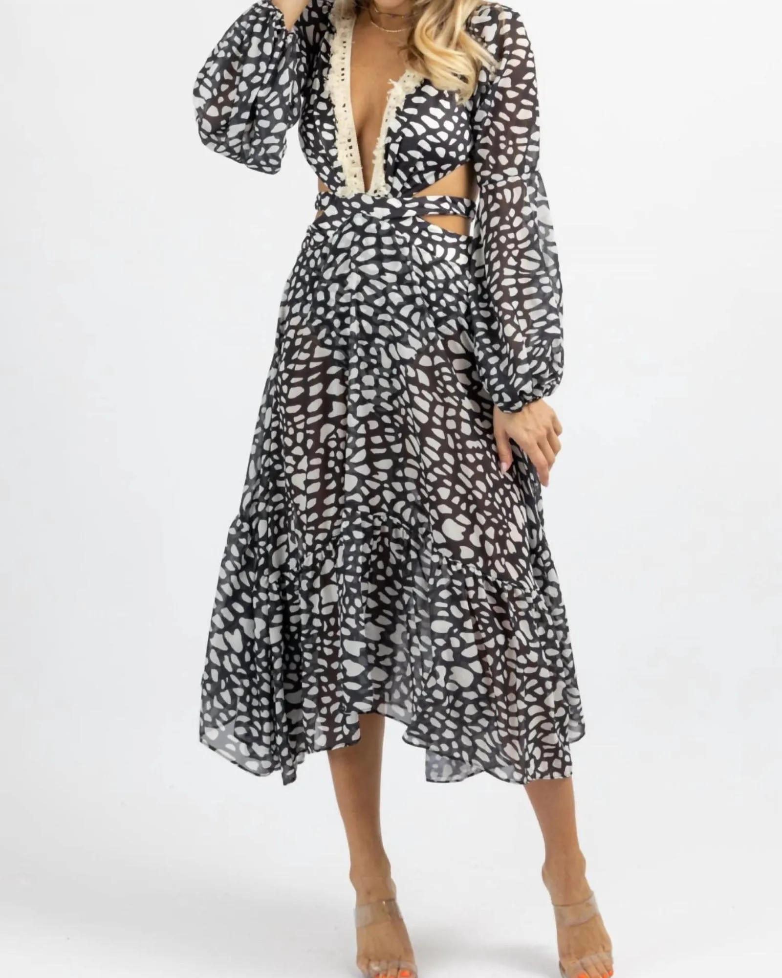 Spotted Fringe Maxi Dress In Black/Ivory | Black/Ivory