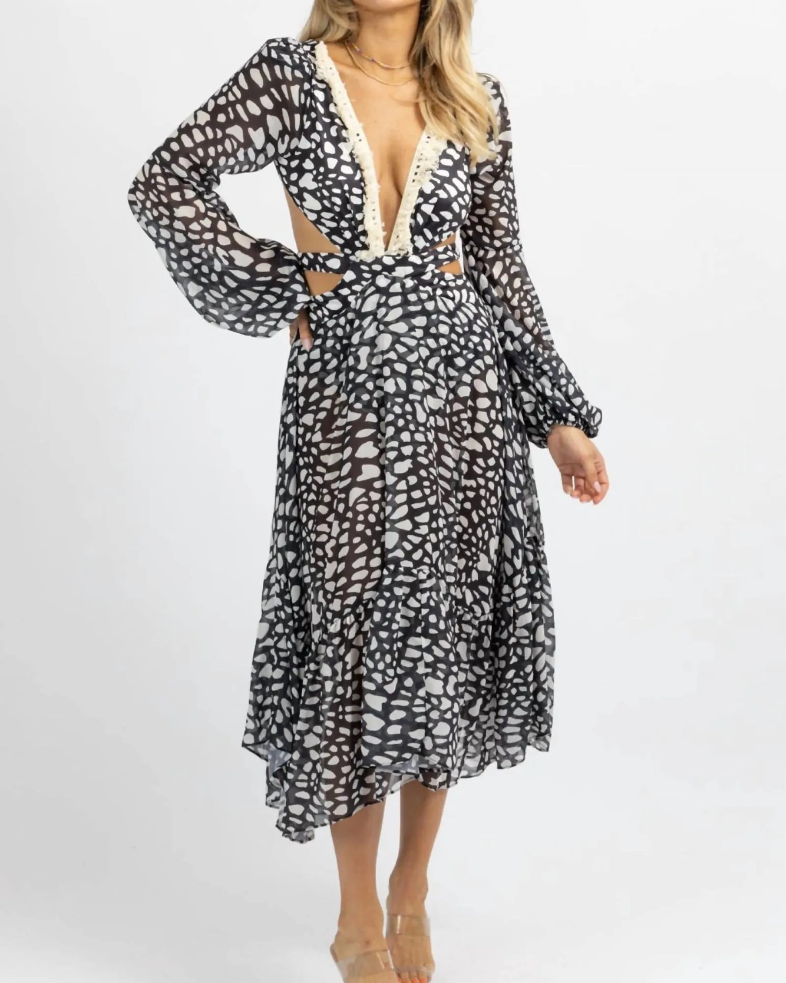 Spotted Fringe Maxi Dress In Black/Ivory | Black/Ivory