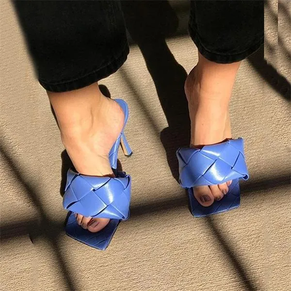 Square Open Toe Heeled Woven Leather Mule Slip On Quilted High Heels