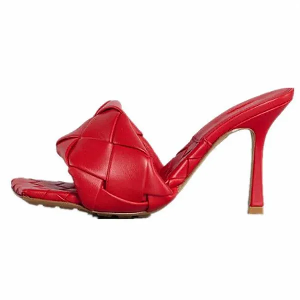 Square Open Toe Heeled Woven Leather Mule Slip On Quilted High Heels