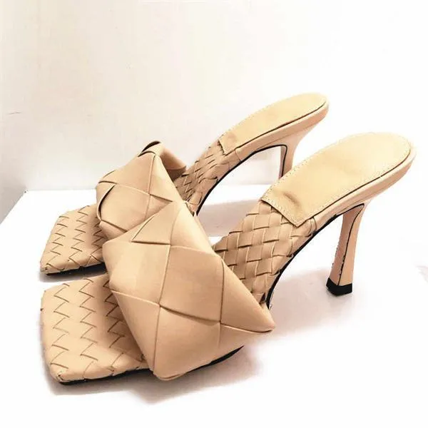 Square Open Toe Heeled Woven Leather Mule Slip On Quilted High Heels