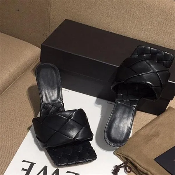 Square Open Toe Heeled Woven Leather Mule Slip On Quilted High Heels