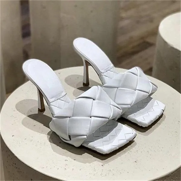 Square Open Toe Heeled Woven Leather Mule Slip On Quilted High Heels