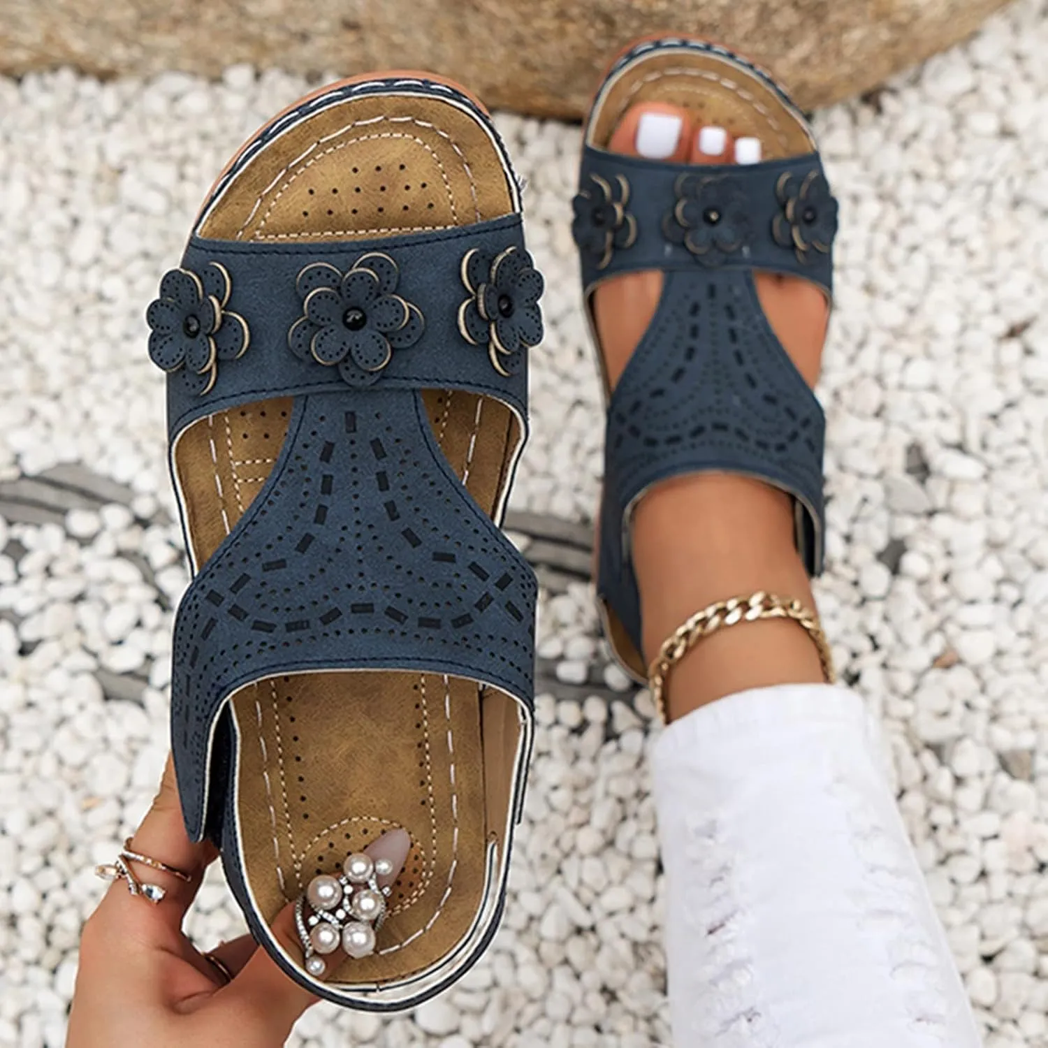 Summer Wedges for Women 2025 Flowers Orthopedic Sandals with Arch Support Comfortable Open Toe Slip On Walking Shoes Dressy Fish Mouth Beach Shoes