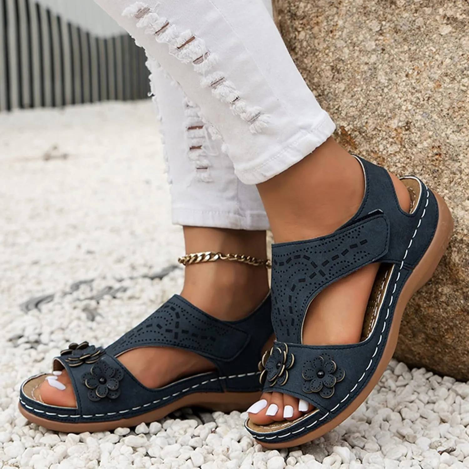 Summer Wedges for Women 2025 Flowers Orthopedic Sandals with Arch Support Comfortable Open Toe Slip On Walking Shoes Dressy Fish Mouth Beach Shoes