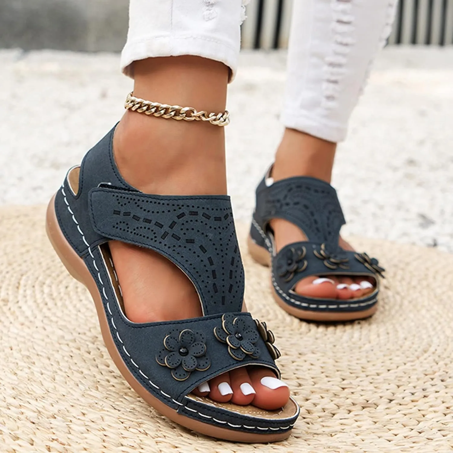 Summer Wedges for Women 2025 Flowers Orthopedic Sandals with Arch Support Comfortable Open Toe Slip On Walking Shoes Dressy Fish Mouth Beach Shoes