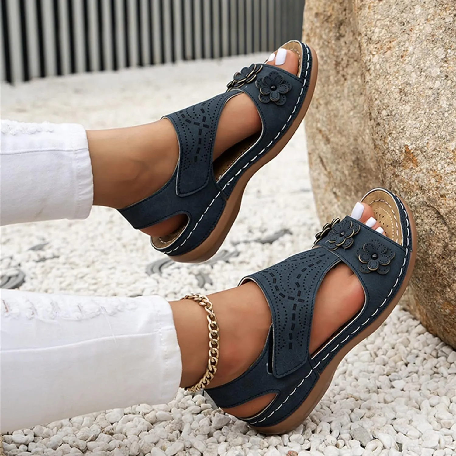 Summer Wedges for Women 2025 Flowers Orthopedic Sandals with Arch Support Comfortable Open Toe Slip On Walking Shoes Dressy Fish Mouth Beach Shoes