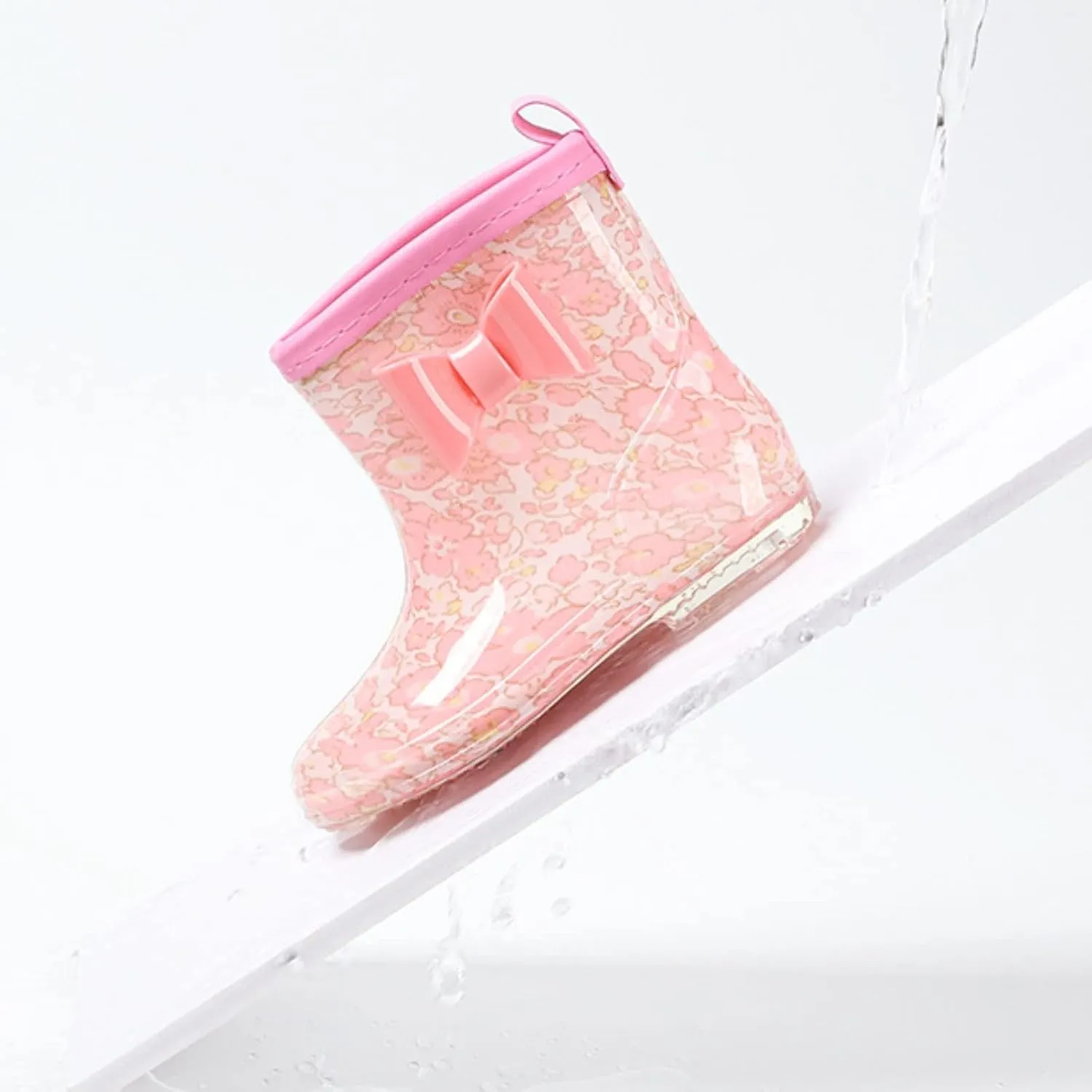 Toddler Kids Rain Boots with Cute Bow Waterproo?? Rubber Boots for Girls Boys Camouflage Rainboots with Handles
