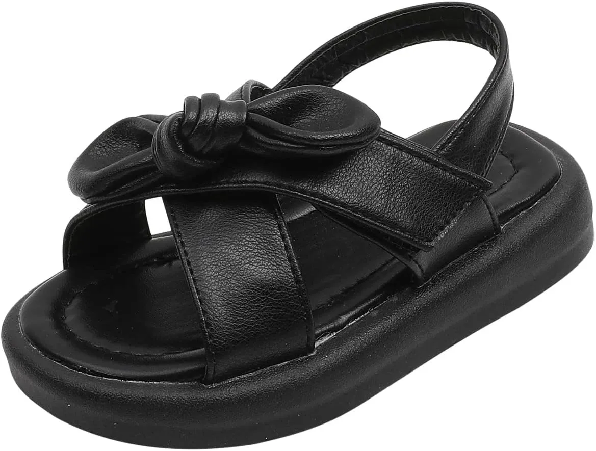 Toddler Sandals Shoes Baby Girls Cute Solid Color Slip On Shoes Bow Non-Slip Soft Sole Beach Sandal Comfort Daily V-313 Black 8.5