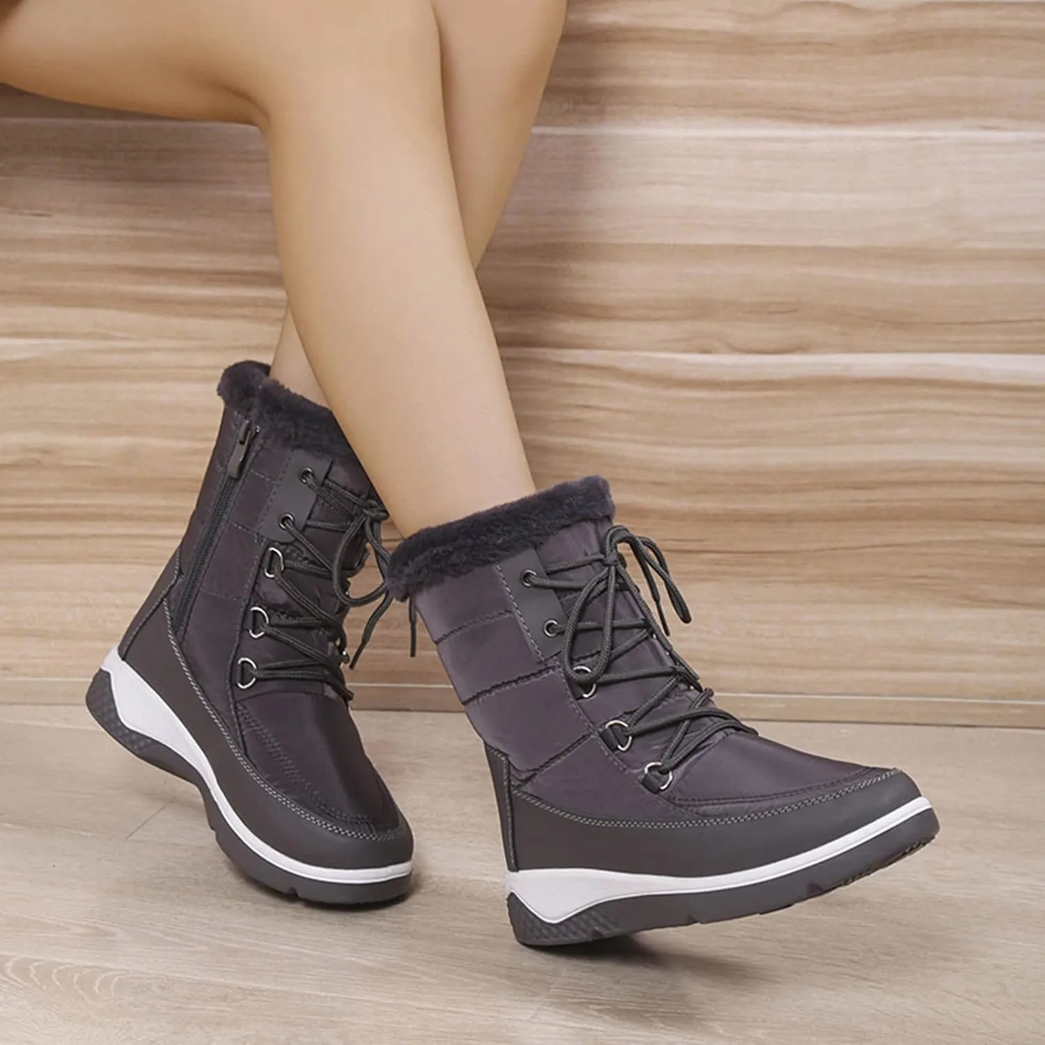 Wide Calf Snow Boots for Women Plus Size Lightweight Snow Boots Women Woman Boots Winter Black Lace-Up Combat Boots Mid-Calf Military Winter Boot for Women Botas De FrO Para Mujeres Plus Size