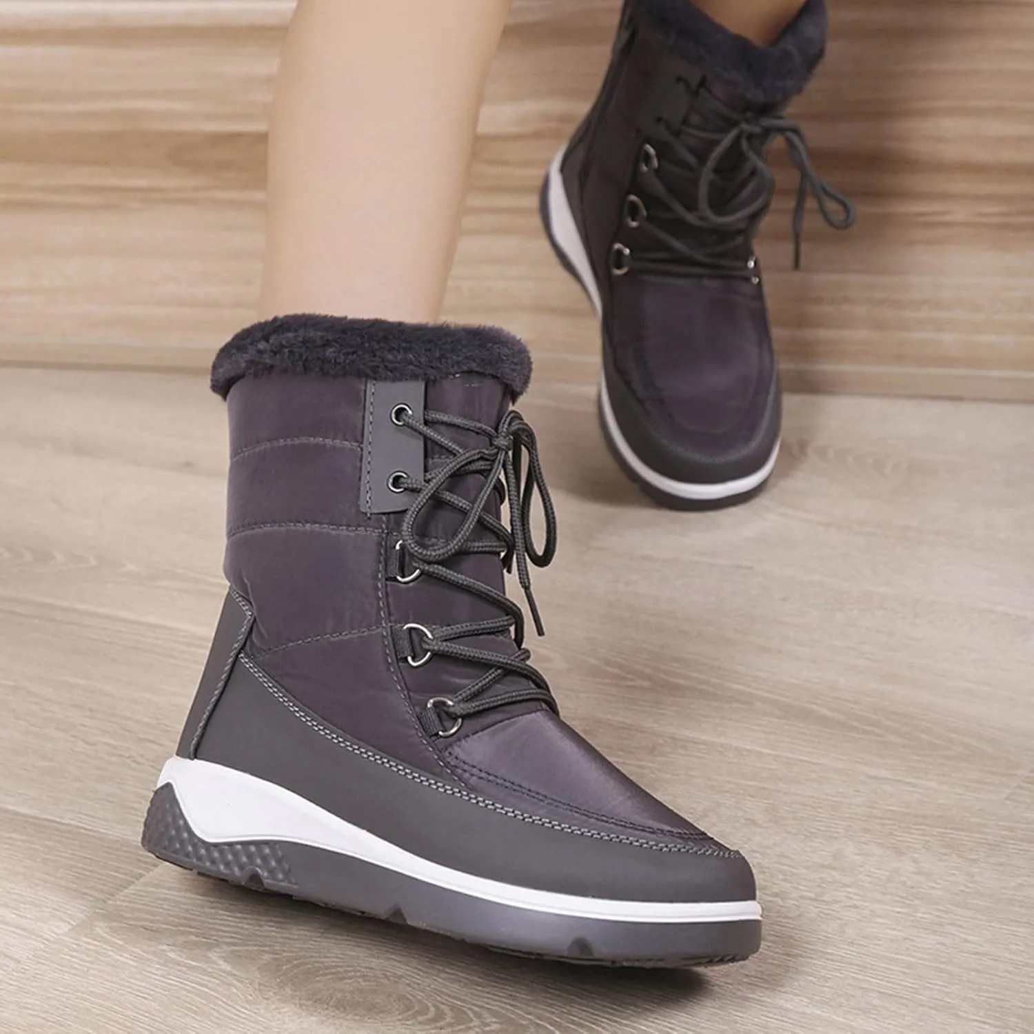 Wide Calf Snow Boots for Women Plus Size Lightweight Snow Boots Women Woman Boots Winter Black Lace-Up Combat Boots Mid-Calf Military Winter Boot for Women Botas De FrO Para Mujeres Plus Size