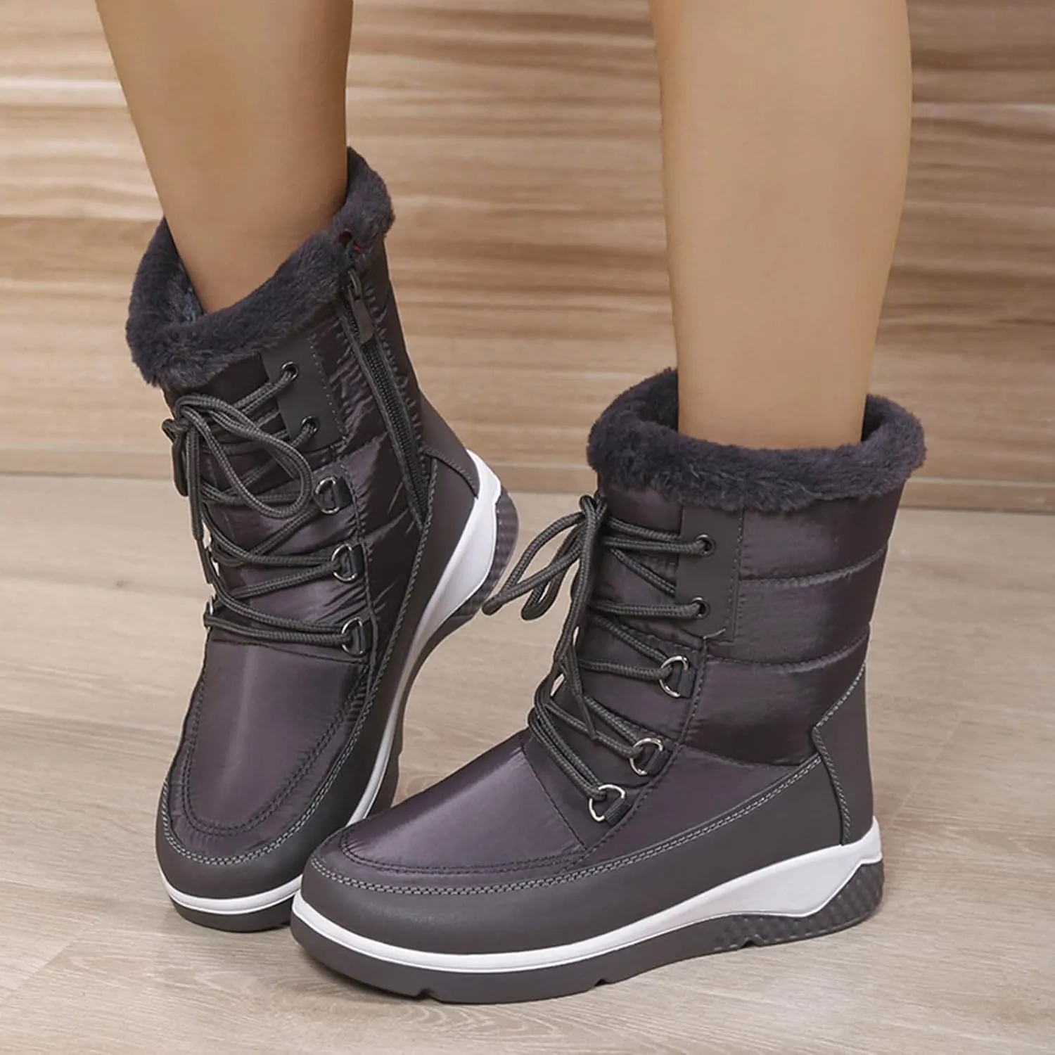 Wide Calf Snow Boots for Women Plus Size Lightweight Snow Boots Women Woman Boots Winter Black Lace-Up Combat Boots Mid-Calf Military Winter Boot for Women Botas De FrO Para Mujeres Plus Size