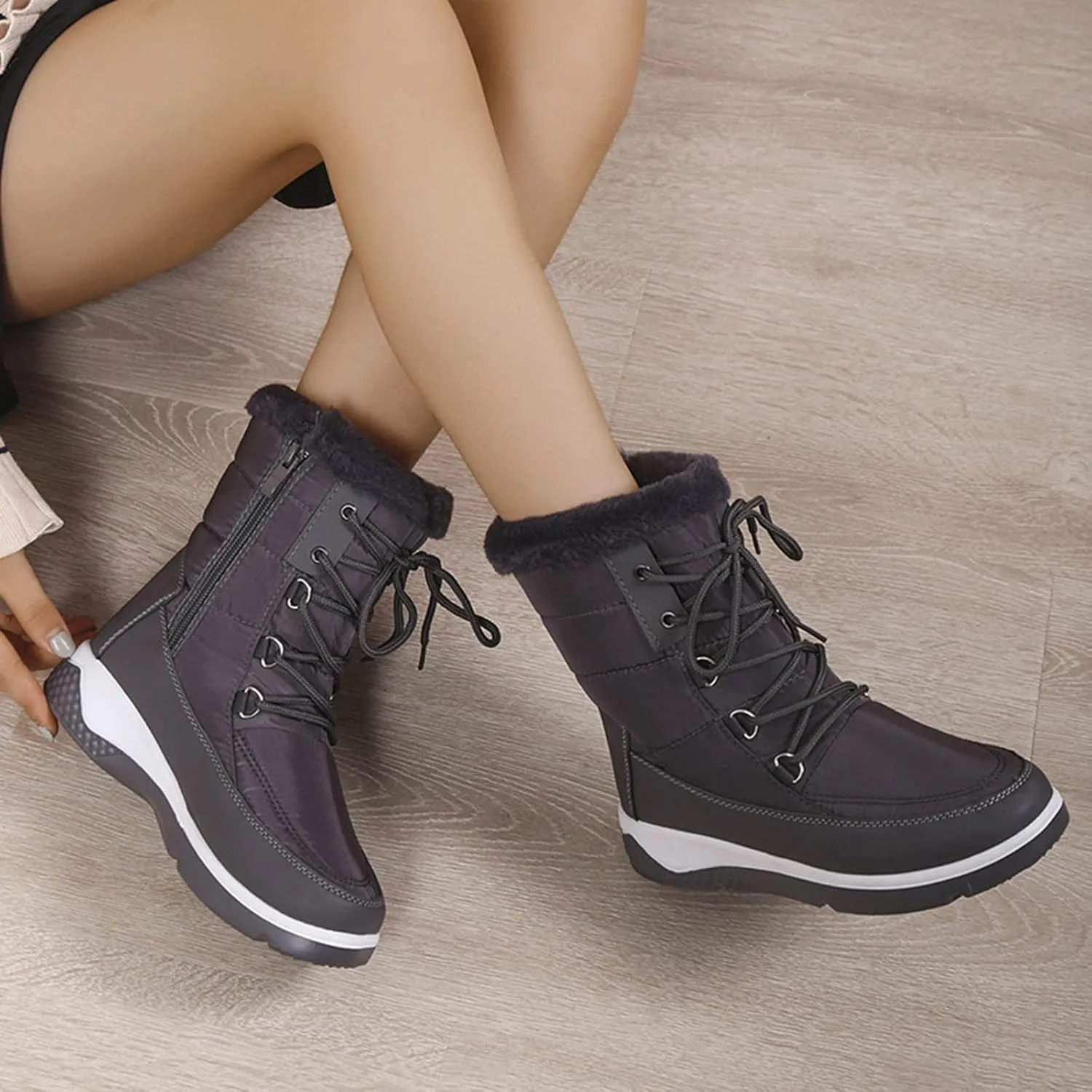 Wide Calf Snow Boots for Women Plus Size Lightweight Snow Boots Women Woman Boots Winter Black Lace-Up Combat Boots Mid-Calf Military Winter Boot for Women Botas De FrO Para Mujeres Plus Size