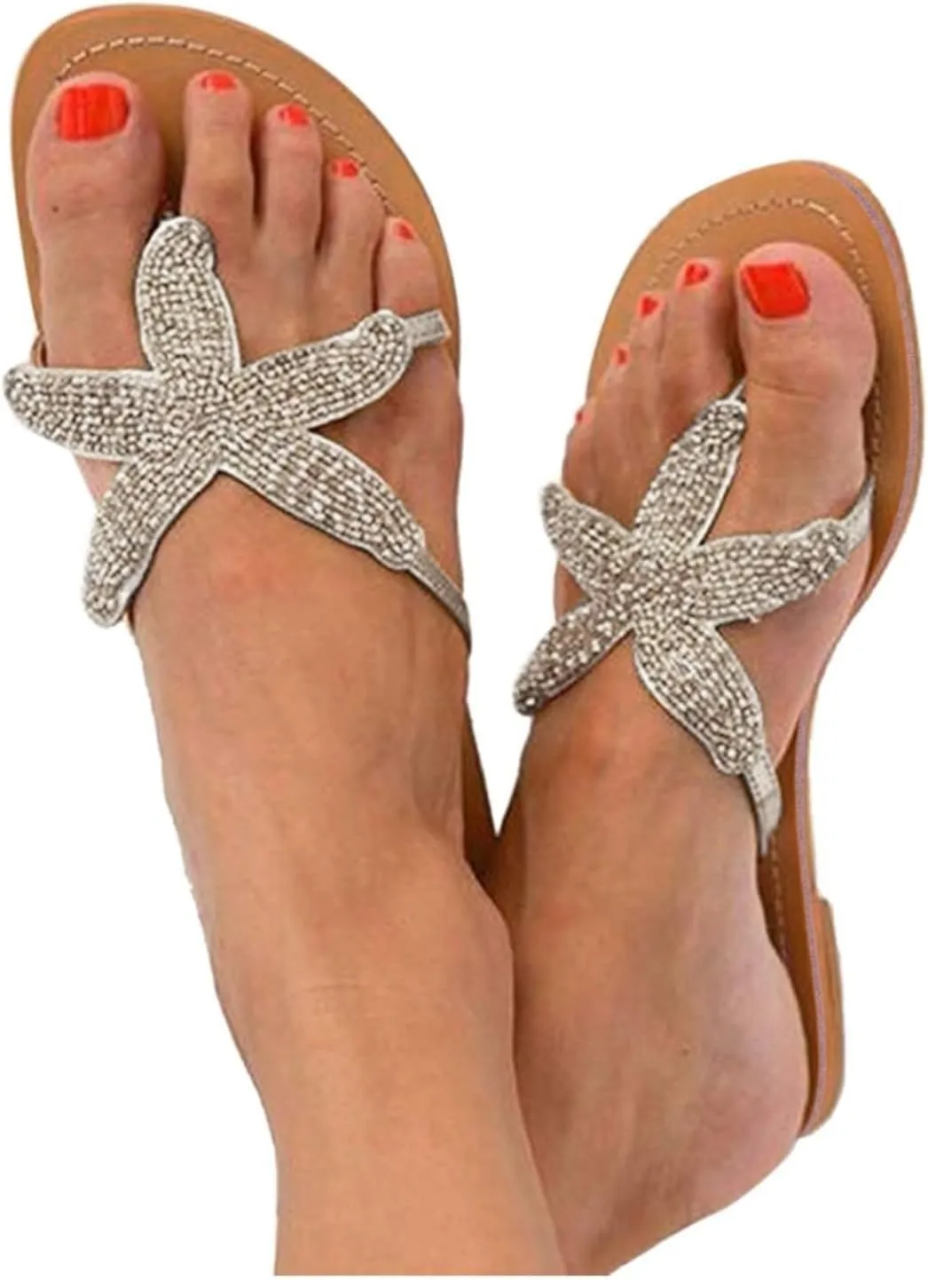 Women Flip Flops Breathable Slip On Flat Sandals Cute Starfish Bling Rhinestone Pearl Flat Slippers Summer Open Toe Slide Beach Swimming Thong Flip Flops Dressy Casual Walking Shoes