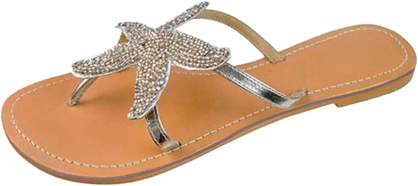 Women Flip Flops Breathable Slip On Flat Sandals Cute Starfish Bling Rhinestone Pearl Flat Slippers Summer Open Toe Slide Beach Swimming Thong Flip Flops Dressy Casual Walking Shoes