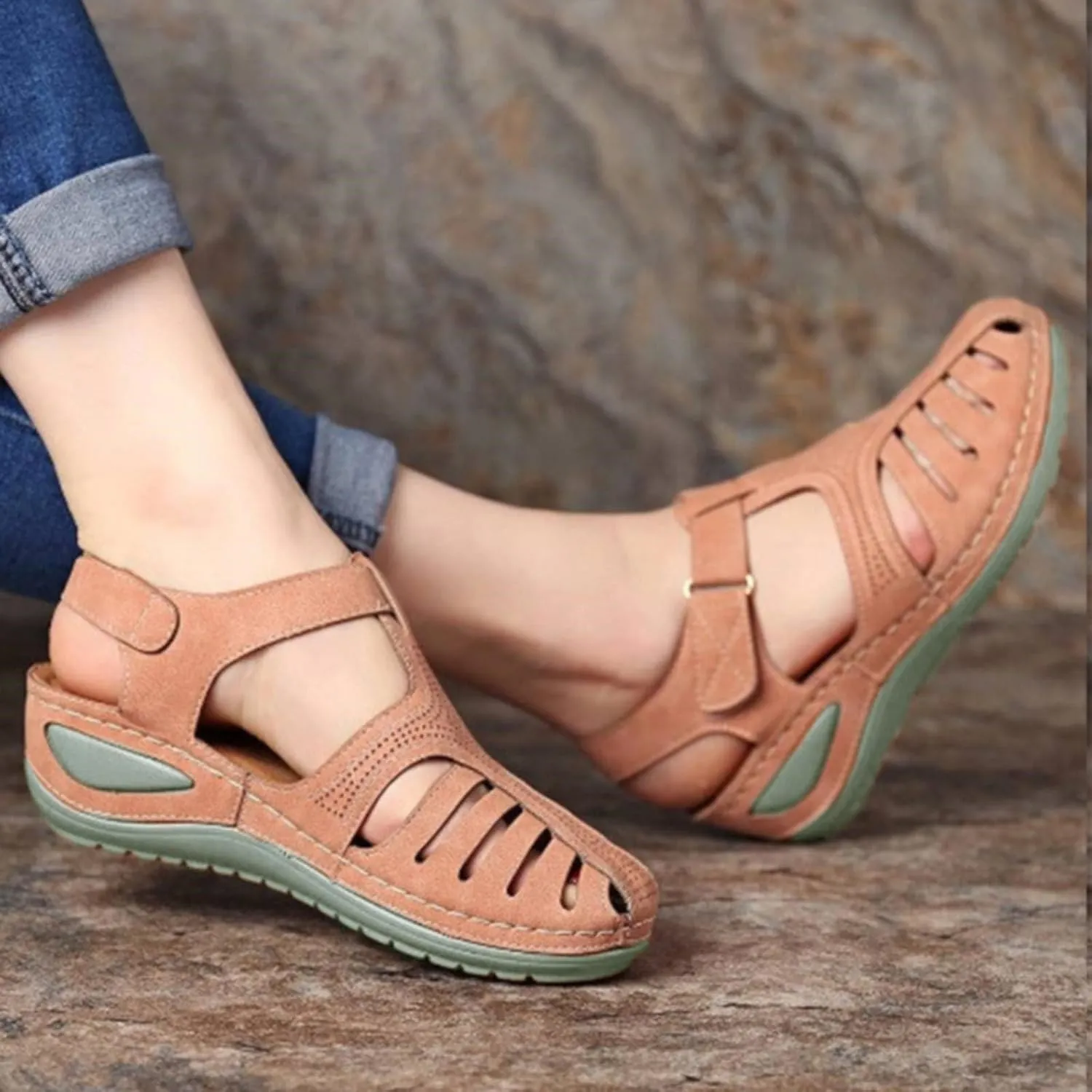 Womens Arch Support Orthopedic Sandals Adjustable Ankle Strap Wedge Sandals Summer Hollow Out Closed Toe Shoes
