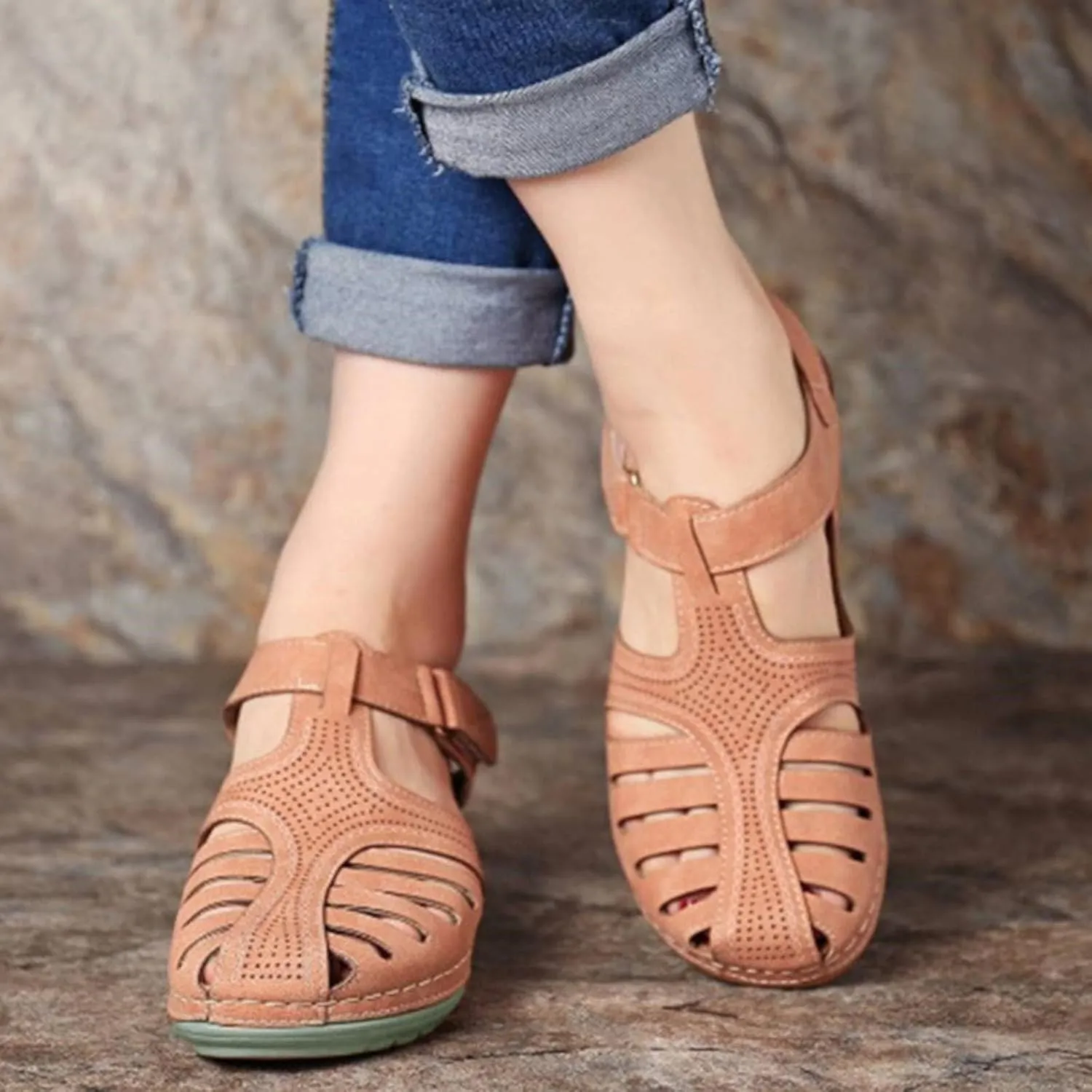 Womens Arch Support Orthopedic Sandals Adjustable Ankle Strap Wedge Sandals Summer Hollow Out Closed Toe Shoes