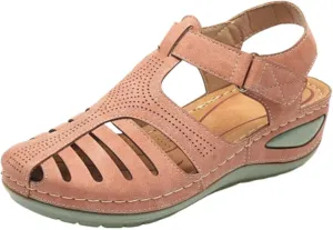 Womens Arch Support Orthopedic Sandals Adjustable Ankle Strap Wedge Sandals Summer Hollow Out Closed Toe Shoes