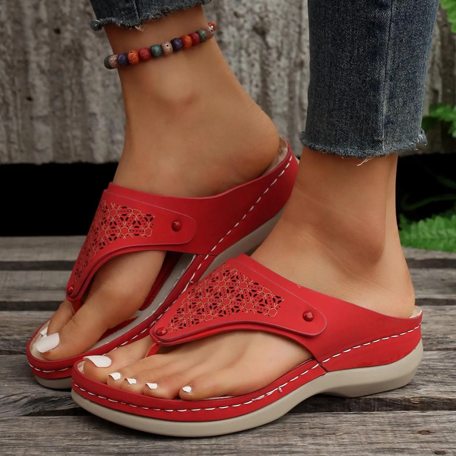 Women's Bow Knot Hollow Thick Sole Clip Toe Herringbone Slippers Wearing Beach Sandals and Slippers on The Outside