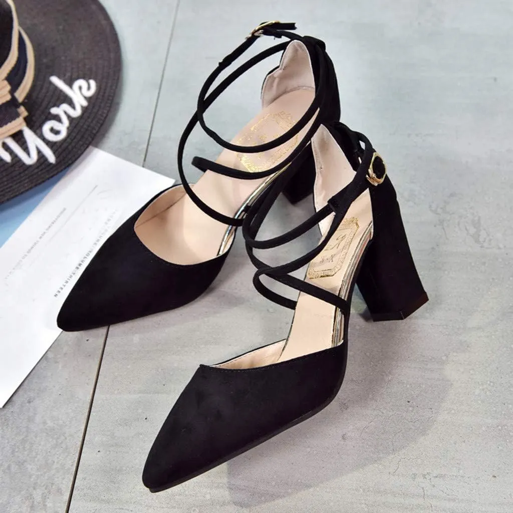 Women's Closed Pointed Toe Low Chunky Heels Pumps Ankle Strap Wedding Business Prom Party Dress Shoes Slip On Sexy Gladiator Sandals