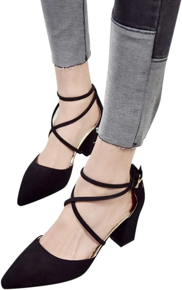 Women's Closed Pointed Toe Low Chunky Heels Pumps Ankle Strap Wedding Business Prom Party Dress Shoes Slip On Sexy Gladiator Sandals