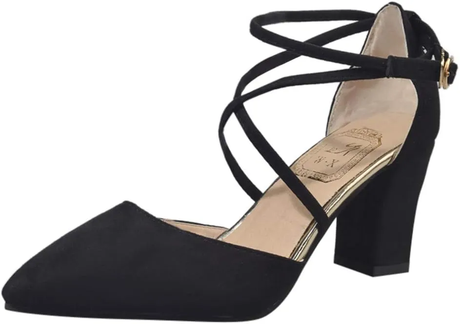 Women's Closed Pointed Toe Low Chunky Heels Pumps Ankle Strap Wedding Business Prom Party Dress Shoes Slip On Sexy Gladiator Sandals