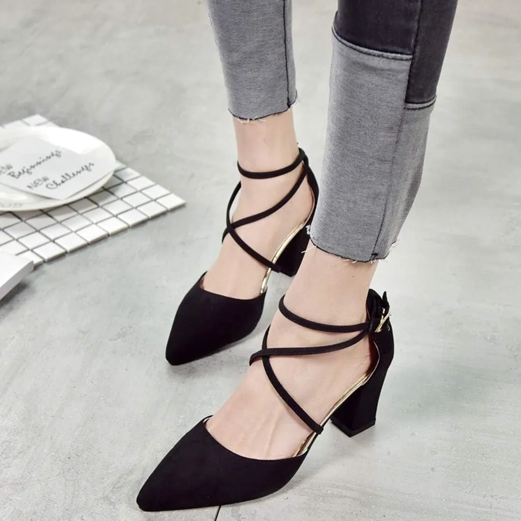 Women's Closed Pointed Toe Low Chunky Heels Pumps Ankle Strap Wedding Business Prom Party Dress Shoes Slip On Sexy Gladiator Sandals